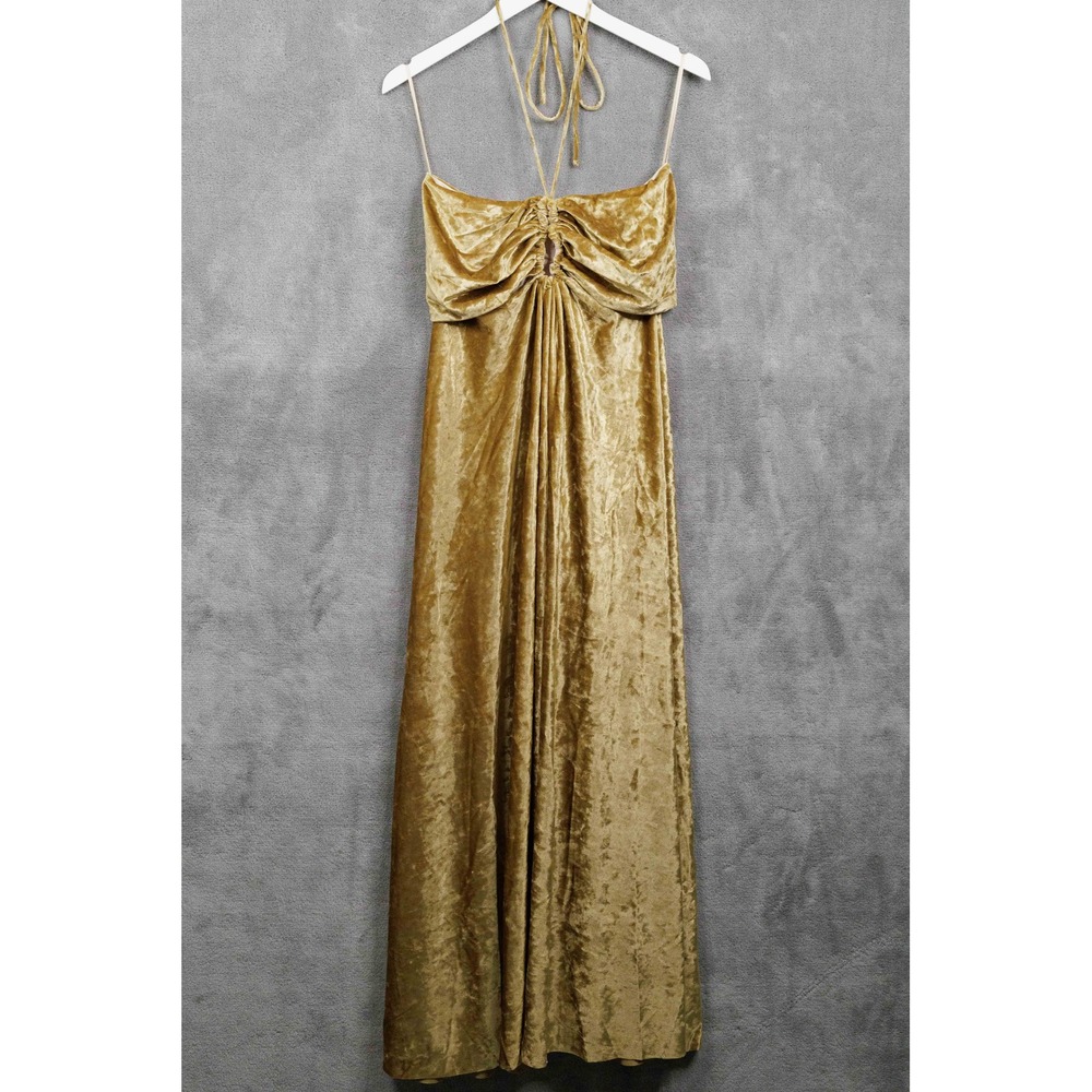 DELFI Collective‎ Gold Velour Keyhole Halter Maxi Dress Evening Gown Formal Sz L